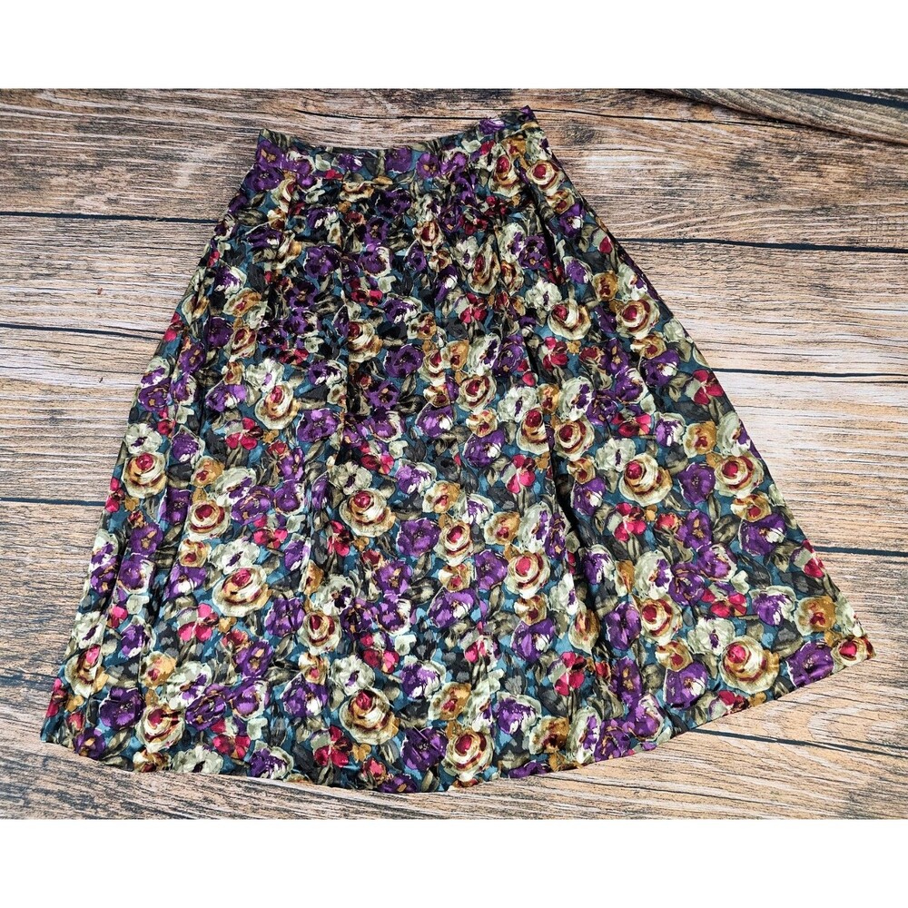 Vintage 100% Silk Pleated Skirt Multicolor Floral Boho Artsy Women 12 EUC